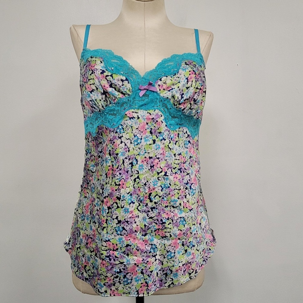 Victoria Secret Womens Y2K Babydoll Top Size S Satin Floral Coquette Bow Lace